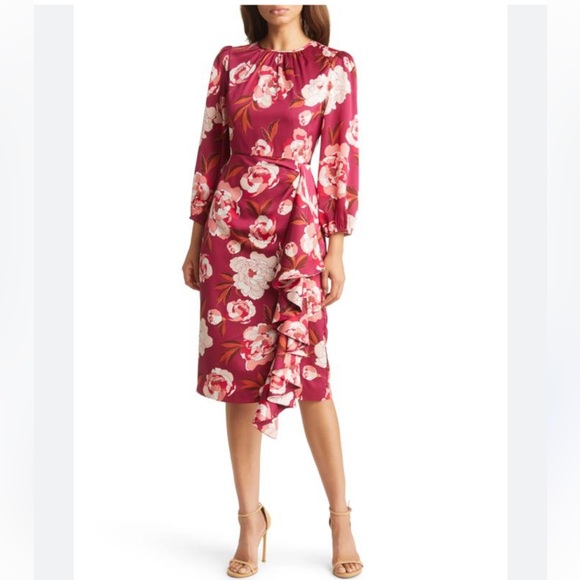 ELIZA J Raspberry Floral Dress with Ruffle Detail Size 8 Cocktail Party - Picture 6 of 6